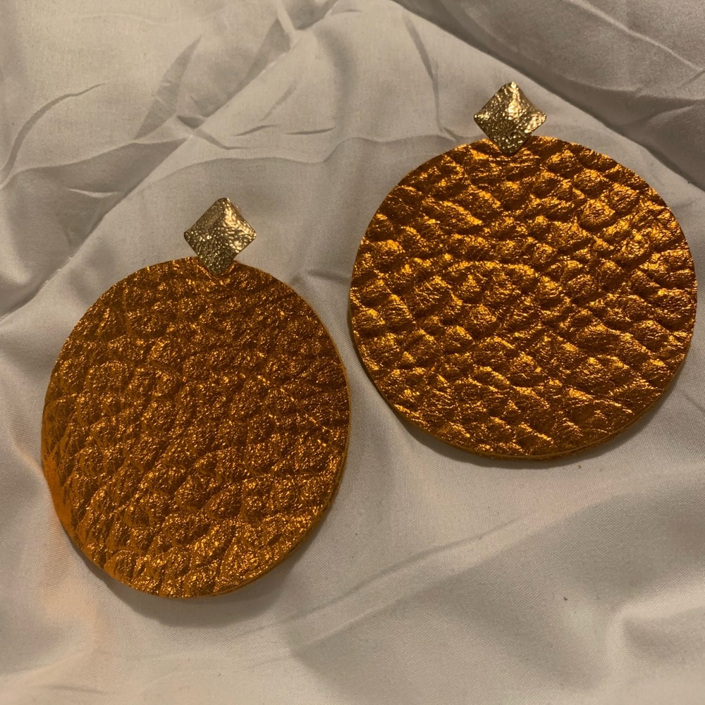 Genuine Leather Circle Earrings- Metallic Orange with Gold